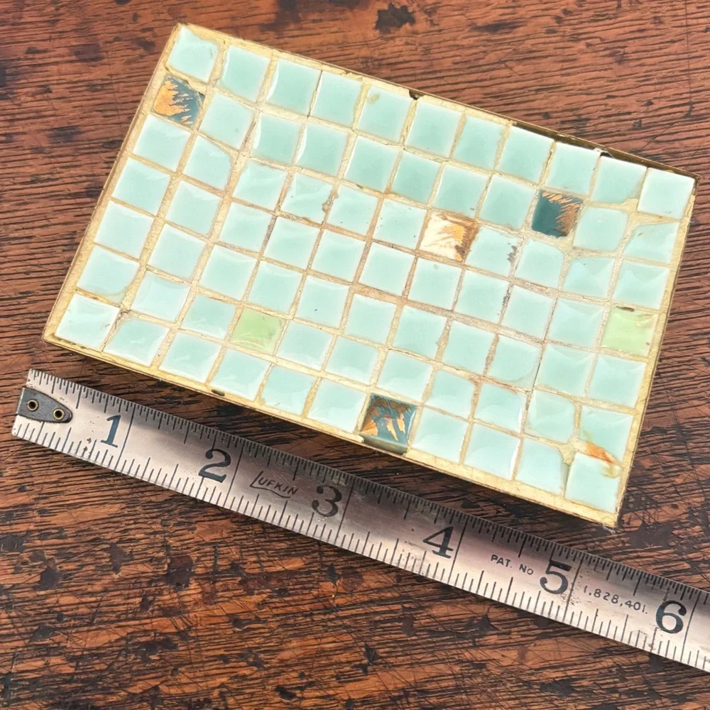 Mid-Century Aqua Mosaic Tile Trinket Tray with Gold-Tone Base